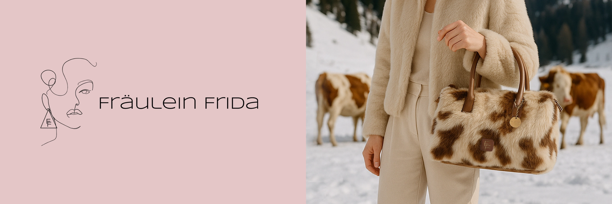 Fräulein Frida Logo & eine Frau mit einer Fräulein Frida Handtasche